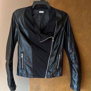 Black mixed fabric faux leather jacket